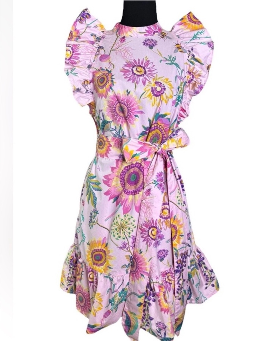 Banjanan Lavender Floral Ruffle Dress with Waist Tie